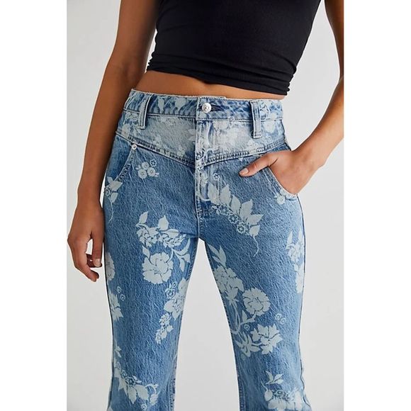 New Free People Naomi Printed Flare Jeans Floral Washed Blue Western Seamed 32 - Picture 5 of 8